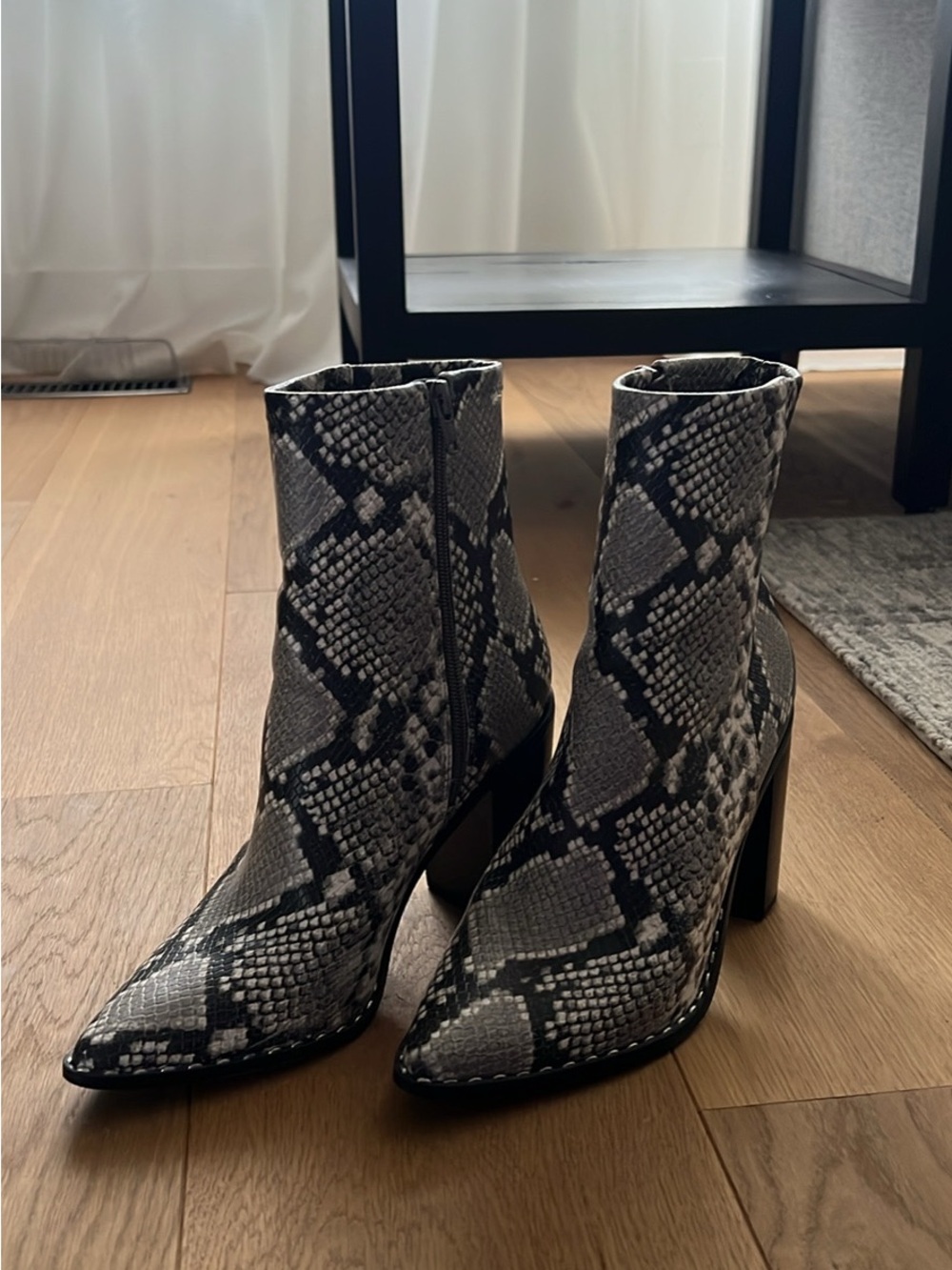 Aldo Black and Gray Snake-Print Pointed Ankle Boots
